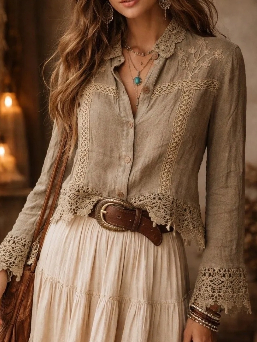 Young Threads Very Trendy Embroidered Top  in Taupe/ Olive Green